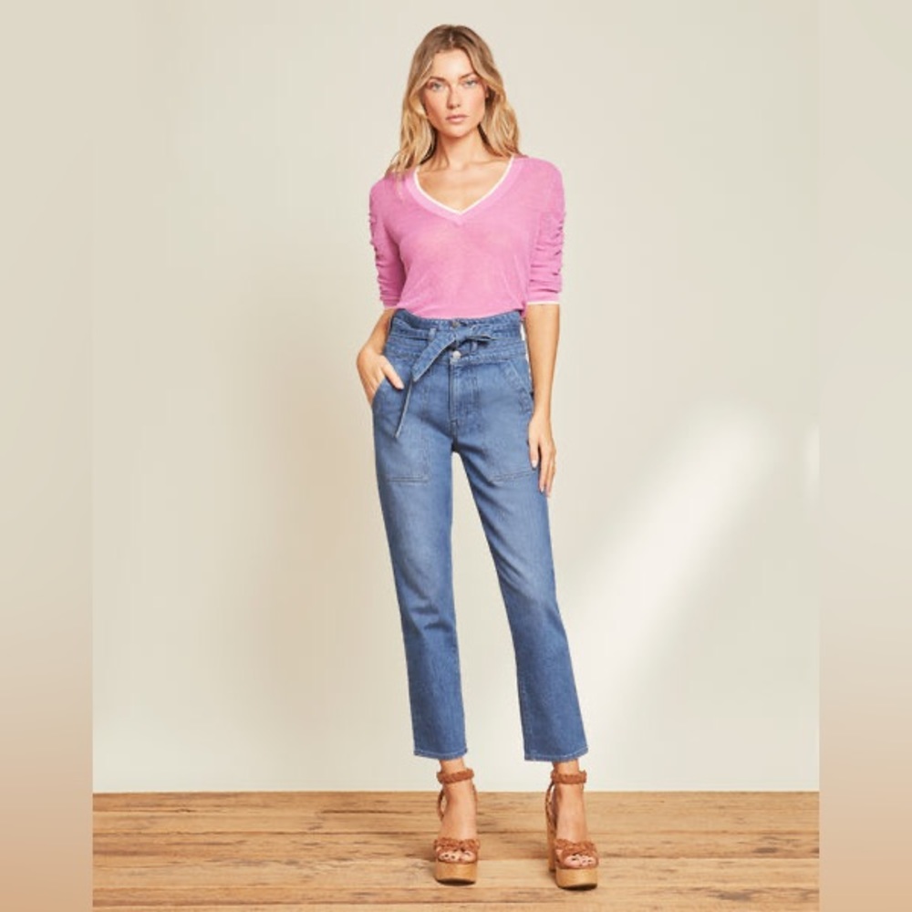 M2 Veronica Beard Paperbag Blue Denim Jean Women Waist 25 High Rise Straight Leg